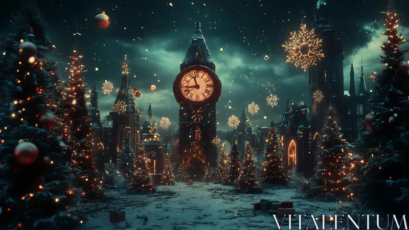 Clock tower in winter city square with festive lighting.