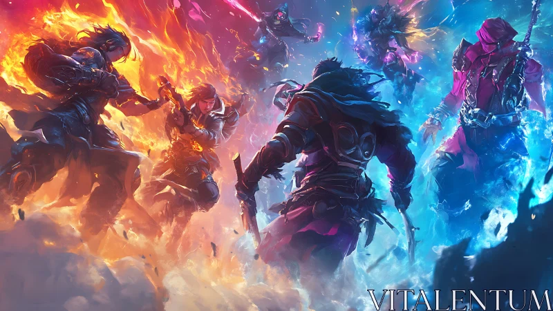 Battle-ready warriors clash between opposing fire and ice