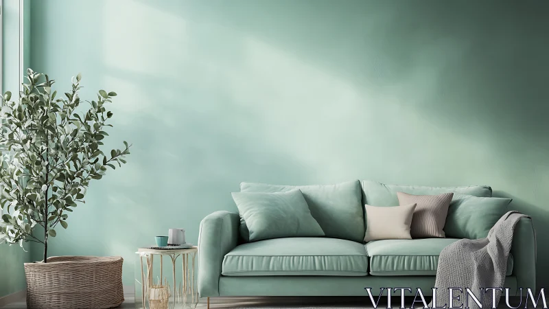 Soft mint living room vignette shows balanced tonal minimalism
