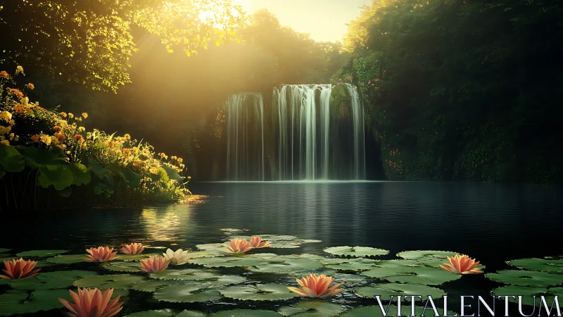 Sunlit waterfall hushes over a lily‑strewn forest mirror