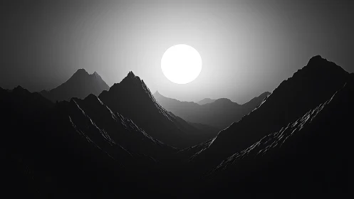 Minimalist sunlit mountain range in stark grayscale silence.