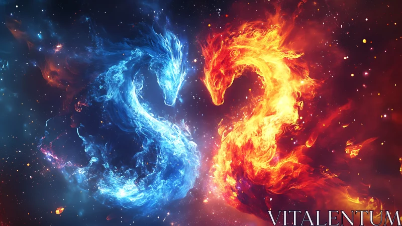 Elemental dragon duel sets fire and ice against the stars.