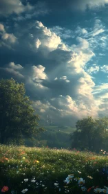 Wildflower meadow under dense cumulus cloud formation.