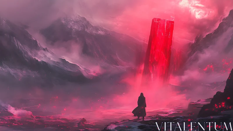 Crimson monolith dominates stormy alien wasteland vista.