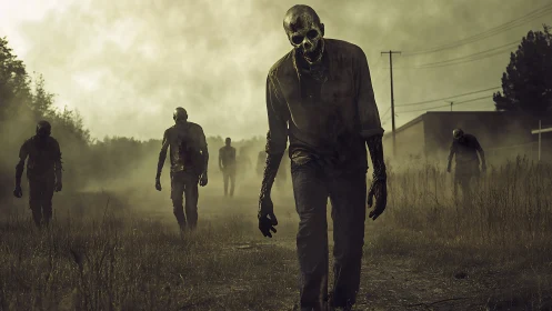 Dustwalking ghouls roam a dead meadow at toxic twilight.