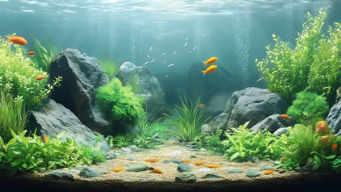 Sunlit underwater garden welcomes bright fish in calm water