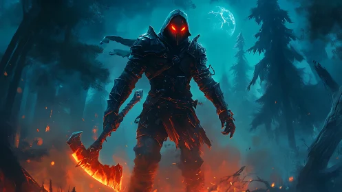 Armored reaper strides through burning spectral forest