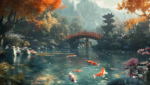 Koi glide beneath a red bridge in a tranquil autumn garden.