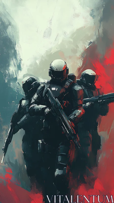 Futuristic armored soldiers advance through smoke and fire.