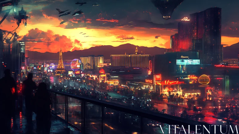 Futuristic neon city skyline glows under dramatic sunset sky