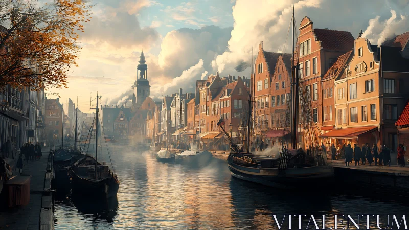 Digital painting of misty historic canal harbor at sunrise.