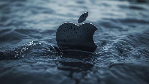 Chrome apple icon surfaces dramatically from stormy digital sea