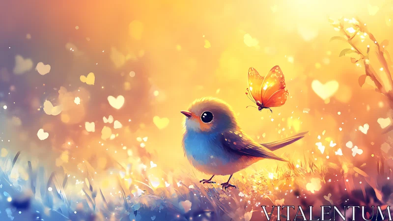 Cute blue bird and butterfly in dreamy, colorful fantasy art.
