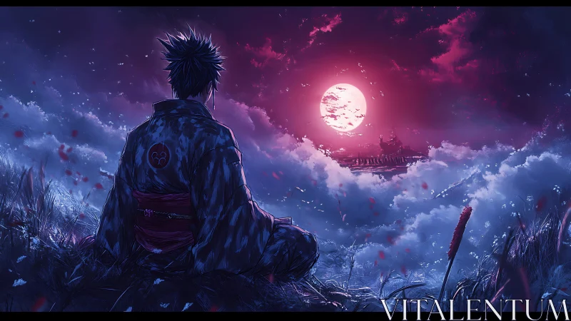 Solitary samurai silhouette before crimson lunar horizon