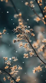 Delicate golden blossoms on branches in soft snowfall.