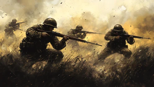 Smoke-slashed battlefield swallows four advancing soldiers