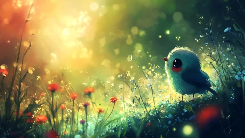 Adorable Fantasy Bird in Lush Sunlit Meadow, Digital Art Style.