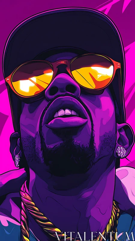 Neon gradient portrait with reflective chromatic sunglasses.