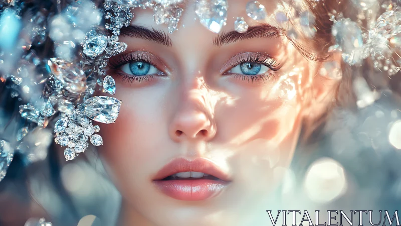 Crystal-eyed muse emerging from a storm of shattered light.