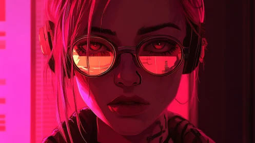 Neon hacker girl gazes through glowing data-tinted lenses.