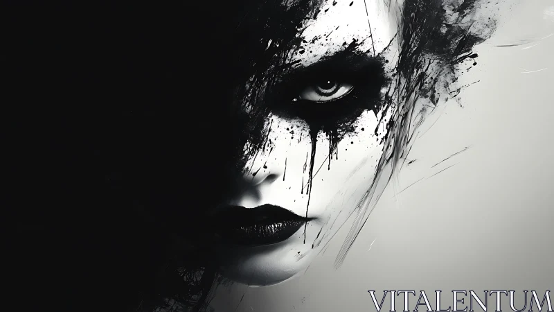 Monochrome ink-slashed face emerges from darkness in silence