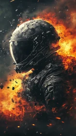 Armored astronaut dissolves in cinematic inferno burst.