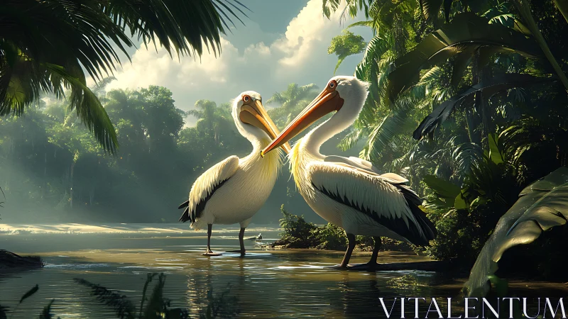 Two pelicans stand in shallow tropical water at sunrise