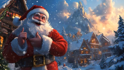 Digital painting of joyful Santa in luminous alpine village snowscape.
