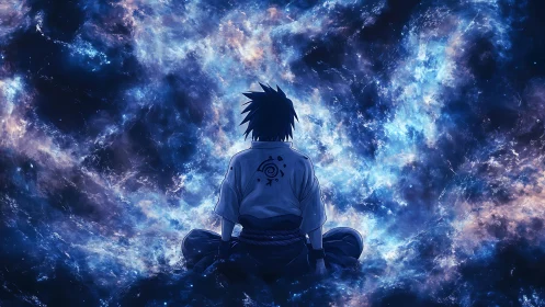 Solitary anime swordsman meditating in turbulent cosmic nebula.