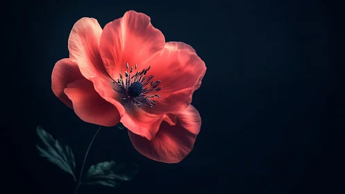 Red anemone flower with dark stamens photographed against black background