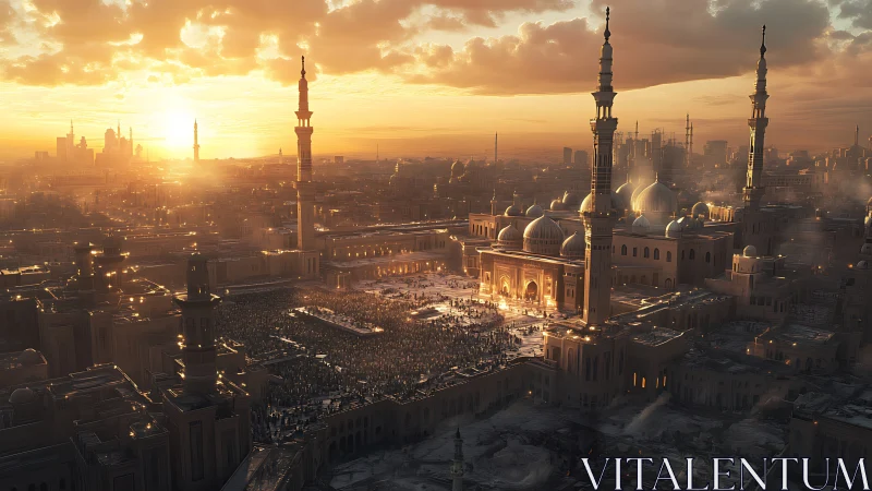 Golden sunset bathes a grand city mosque in gentle light