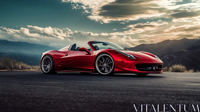 Red convertible sports car on mountain highway at sunset.
