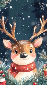 Cute Christmas reindeer smiles amid softly falling snow.