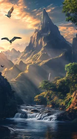 Soaring over sunlit peaks and a gentle mountain river.