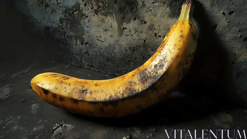 Decayed banana rendered against corroded wall in moody chiaroscuro