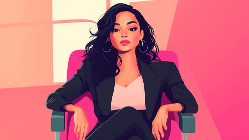 Confident Woman in Black Suit, Modern Vector Art Style.
