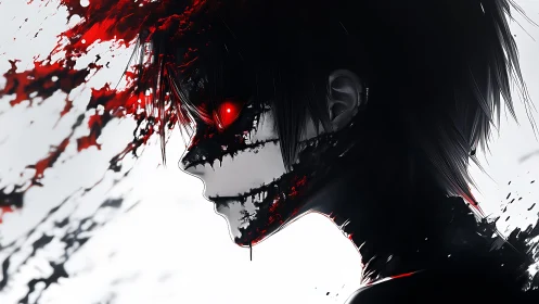 Demonic anime profile shows red void eyes and splintered shadow