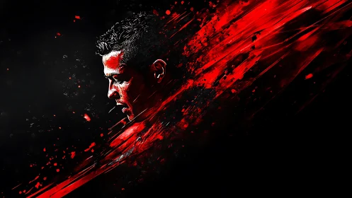 Red splatter portrait bursts from dark minimalist void.