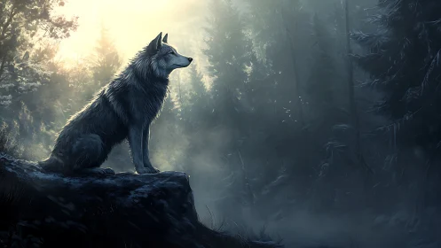Digital painting study of a lone wolf in misted conifer forest.