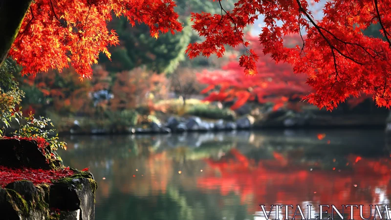 Autumn maple canopy over reflective pond in soft morning light
