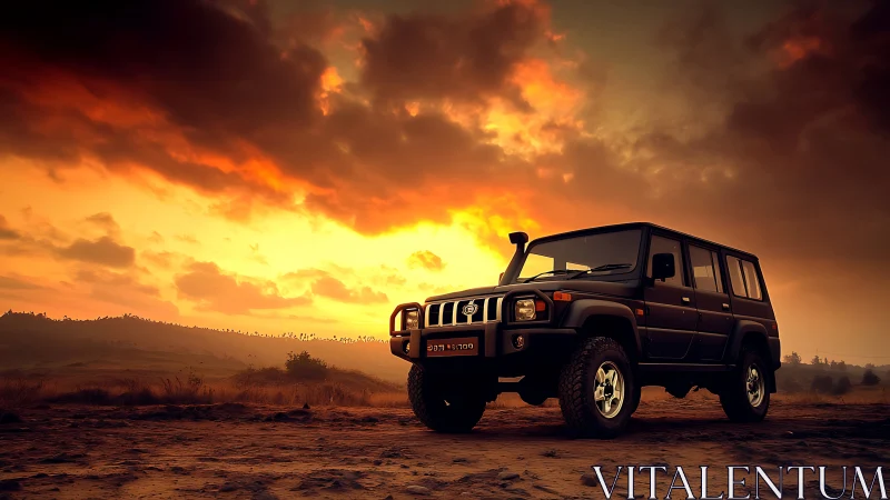 Sunset-hungry off-road SUV poised beneath blazing skies.