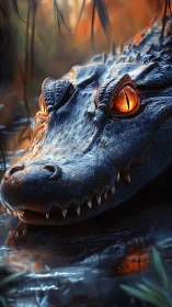Crocodile head emerges from swamp with molten amber eyes