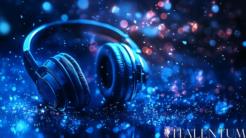 Glow of night music in dreamy blue headphone sparkle.