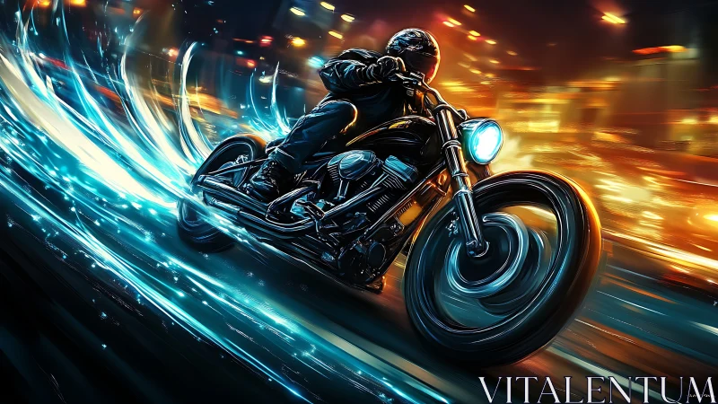 Neon streak motorcycle racing through blazing city night.