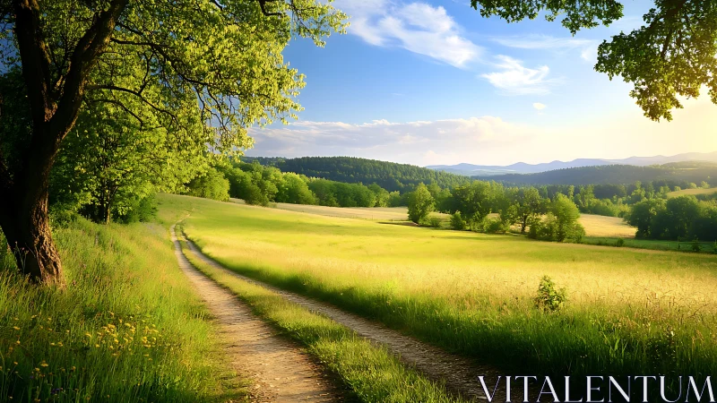 Country dirt path through bright green summer fields.