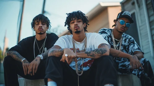 Urban trio in shallow-depth portrait with streetwear detail.