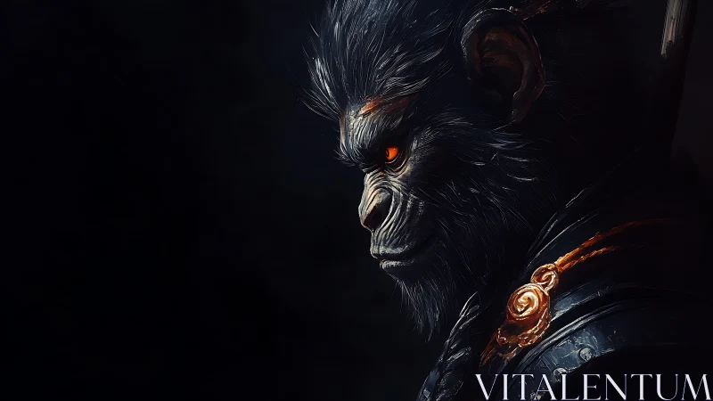 Warrior monkey in ember-lit armor against deep shadow.
