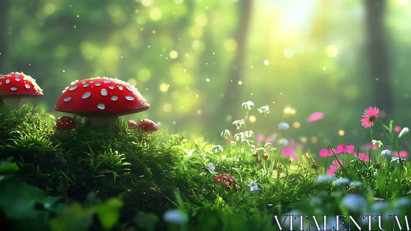 Sunlit forest mushrooms in a tiny sparkling meadow dream.