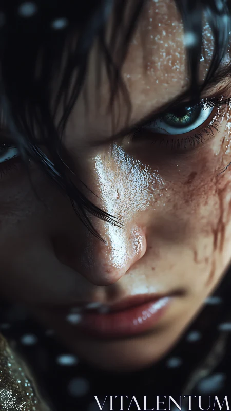 Hyperreal wet portrait close-up with cinematic rim lighting