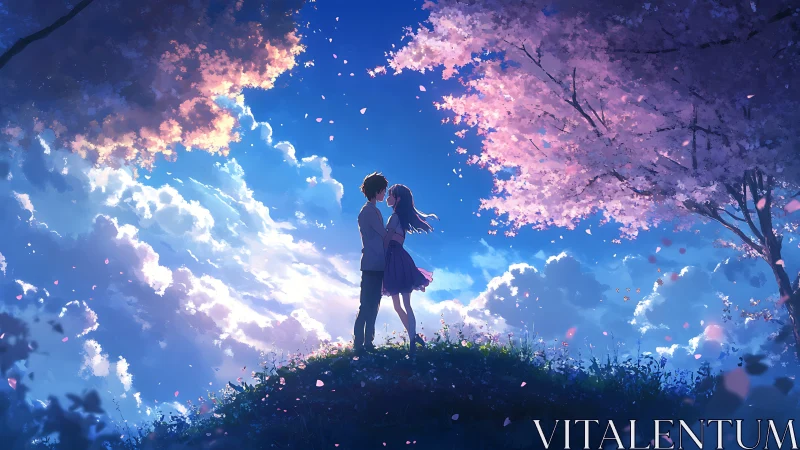 Twilight couple under luminous cherry blossoms embrace.